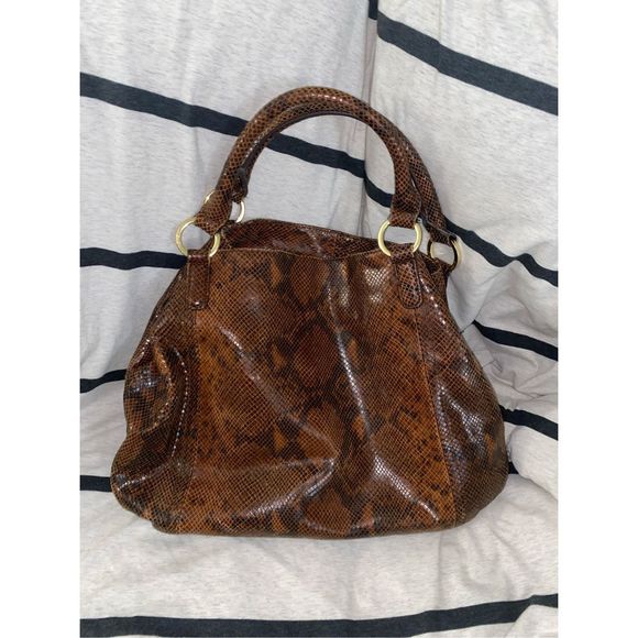 GILI Got to Love It Leather Brown SNAKESKIN Double Handle Hobo HANDBAG Purse - Picture 1 of 12